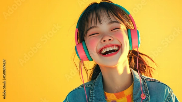 Obraz Radiant Joy: Young woman with a beaming smile, wearing vibrant headphones, enjoying music, creating a feeling of pure bliss.