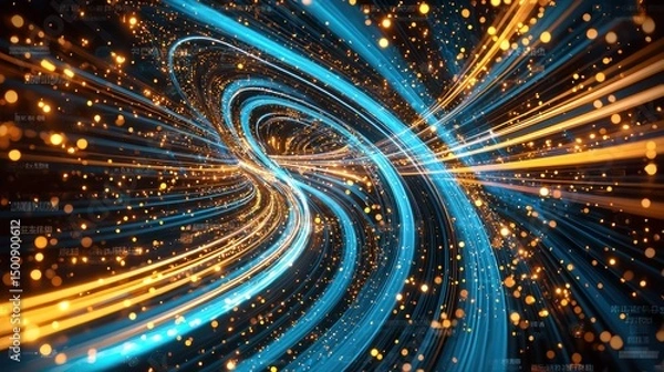 Fototapeta Swirling streams of light, blue and gold, with bokeh