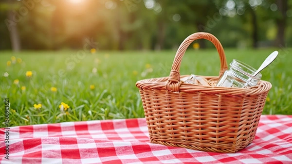 Fototapeta Picnic basket on red checkered blanket in park