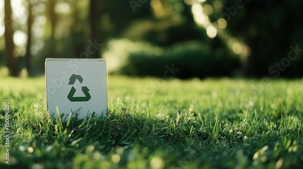 Obraz white recycle sign on green grassy background