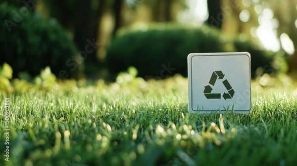 Obraz white recycle sign on green grassy background