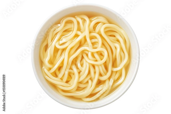 Fototapeta Japanese udon noodles served in light broth, top view and isolated on white transparent background, representing traditional Japanese cuisine