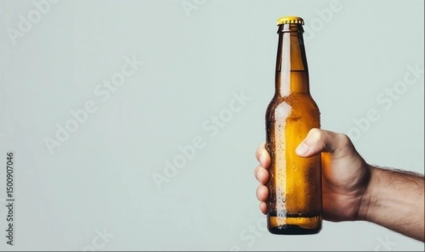 Obraz Hand holding beer bottle, white background with copy space
