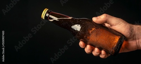 Obraz Hand holding beer bottle, black background with copy space