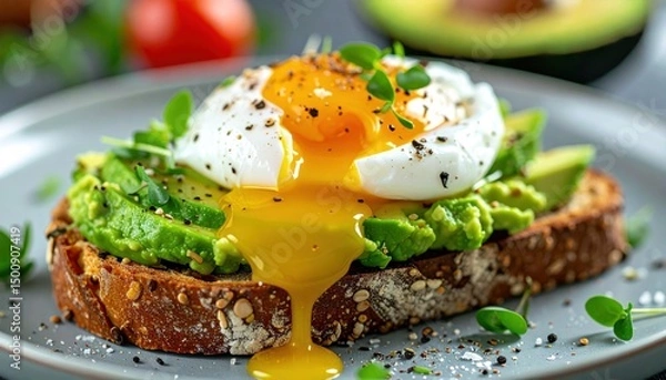 Fototapeta Avocado toast with poached egg, yolk dripping, and microgreens on gray plate