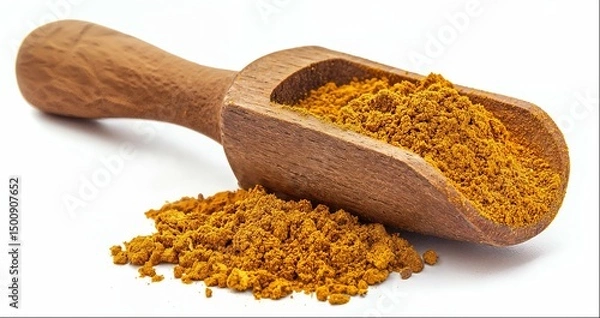 Obraz Wooden scoop of curry powder isolated on white background