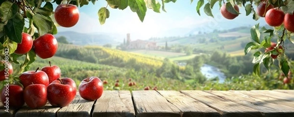 Obraz Fresh red apples on rustic wooden table, copy space