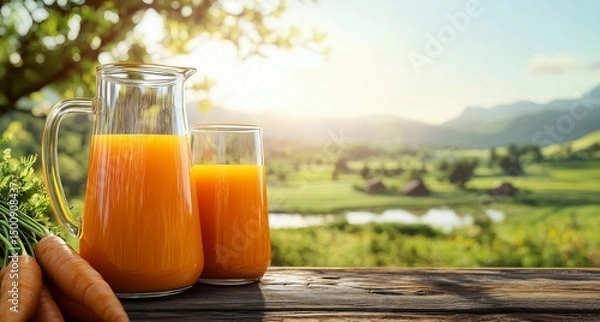 Obraz Carrot juice in a glass and jar on a rustic wooden table