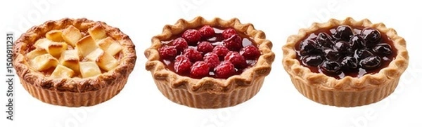 Obraz Three mini pies with cherry, apple and apricot filling, isolated on white background