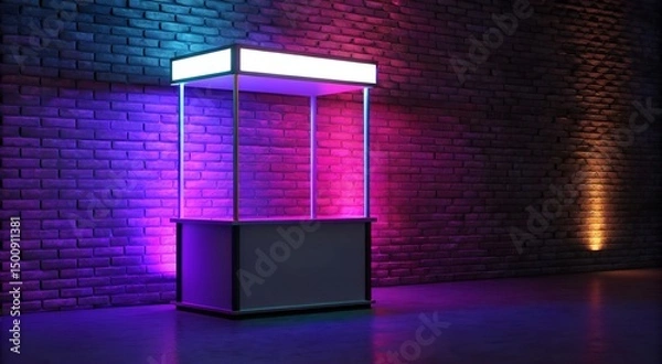 Fototapeta Modern Illuminated Stand Display with Vibrant Neon Lighting Set Against a Glowing Brick Wall Backdrop.