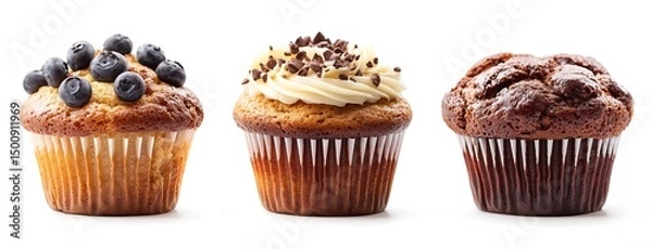 Obraz Three assorted muffins with chocolate isolated on white background