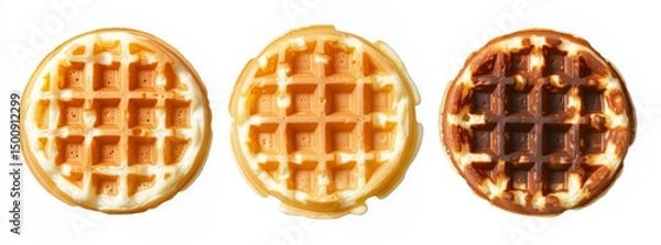 Obraz Round golden crispy waffles in various baked shades, isolated on white background