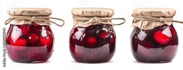 Obraz Cherry jam jars with burlap covers isolated on white background