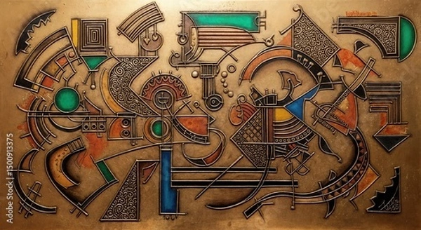Fototapeta Complex Abstract Industrial Composition with Textured Geometric and Organic Shapes in Gold and Rich Earth Tones, Embossed Art