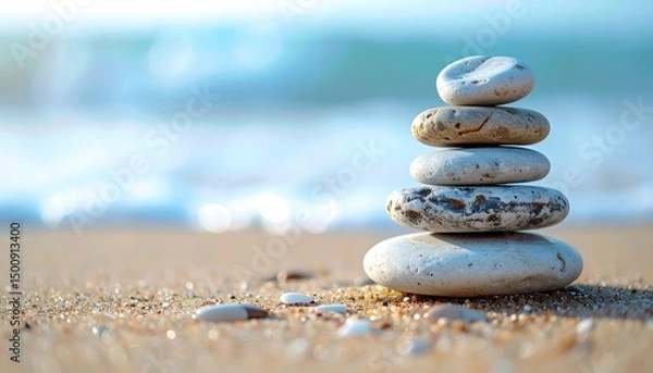 Obraz Stack of five smooth rocks on beach sand with ocean waves softly blurred in the background