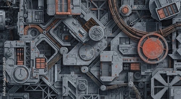 Fototapeta Vivid Industrial Machinery Texture: Detailed Surface of Grey Metal Plates, Rusty Circular Elements, and Intertwined Orange Cables
