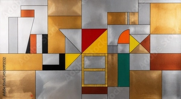 Fototapeta Colorful Abstract Geometric Pattern Artwork with Intersecting Rectangles, Triangles, and Squares in Bold Colors and Metallic Gold/Silver