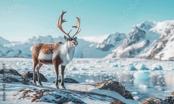 Obraz Wild arctic reindeer standing alert on icy rocks with glaciers and mountains behind