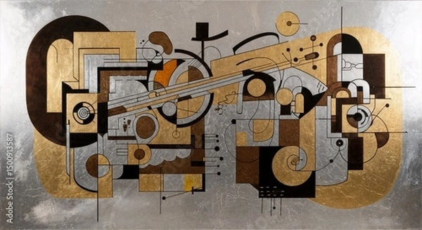 Fototapeta Abstract geometric composition featuring metallic gold and silver shapes, intricate lines, spirals, suggesting music or complex machinery on a textured background