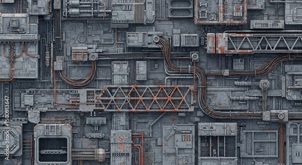 Fototapeta Intricate mechanical sci-fi backdrop revealing densely packed pipes, cables, grids, vents, and metallic structures with grunge textures and rusty details.