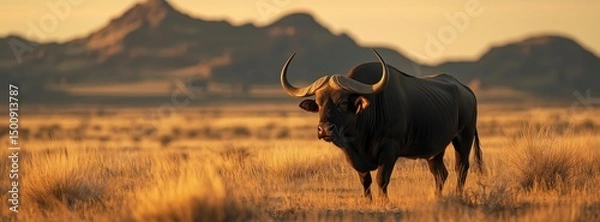 Obraz African buffalo at golden sunset standing under tree in warm savanna grassland light