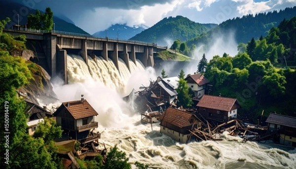 Obraz Dam bursts, floodwaters engulf homes, nature overwhelmed. Landscape of devastation amid mountains and forests