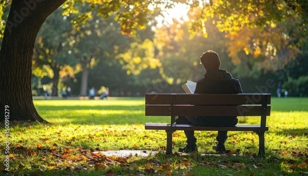 Obraz Man reads on bench under tree in sunlit park; fall foliage scatters the lawn