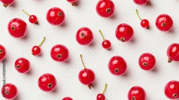Fototapeta Red currant berries pattern isolated on white background with shadows, flat lay