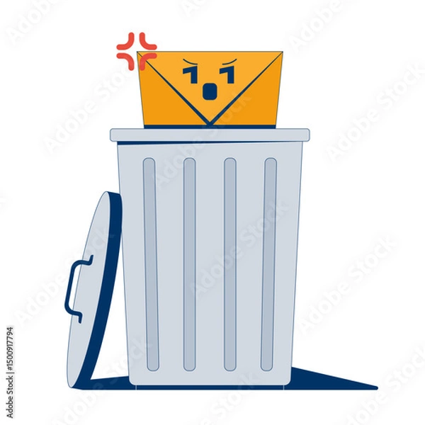 Obraz Deleting suspicious unwanted email 2D illustration concept. Spam e-mail envelope being thrown into trash bin. Junk message cartoon composition isolated on white. Flat abstract vector metaphor