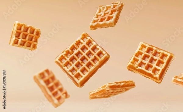 Obraz Crispy waffles flying in the air on pastel background