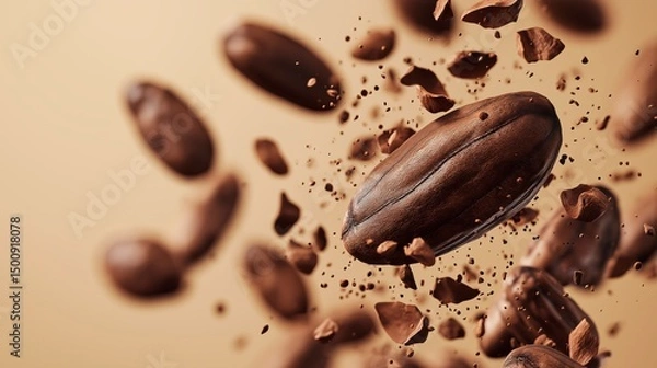 Obraz Cocoa bean burst explosion with chocolate pieces, copy space