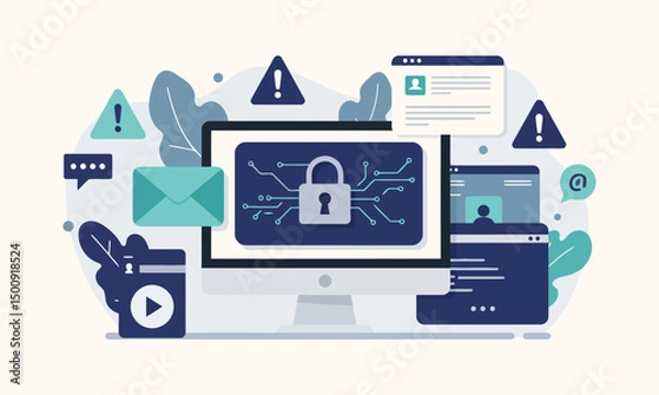 Fototapeta Flat illustration of a computer monitor with security symbols representing cyber security threats and data protection.