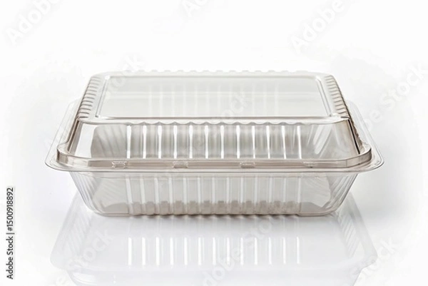 Fototapeta Clear compostable clamshell packaging plastic food container with a lid, ideal for storage and takeaway meals.