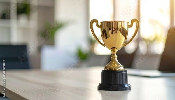 Obraz Golden trophy, black base, sits on light surface in office setting