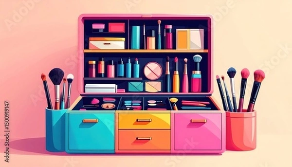 Obraz Colorful open makeup organizer box with brushes and various cosmetics
