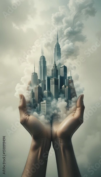 Fototapeta Hand holding a glowing urban skyline, a concept of new business architecture