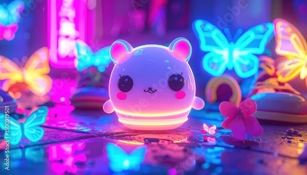 Obraz Glowing chibi creature surrounded by neon butterflies on a reflective surface