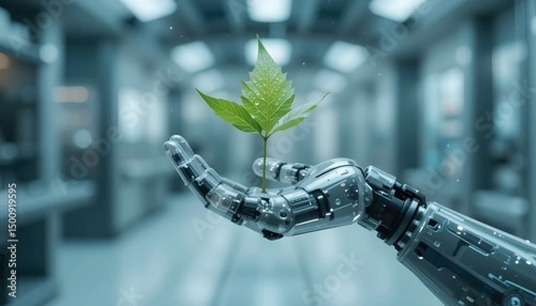 Fototapeta Close-up of a green plant on a robot's palm in a laboratory.