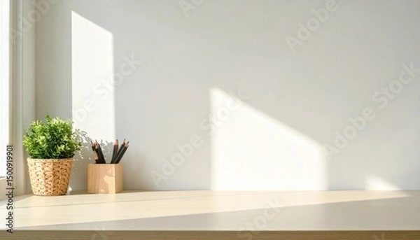 Obraz Minimalist workspace. Plant, pencils on desk with light wall shadow