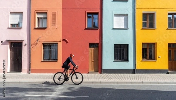 Obraz Cyclist passes colorful row houses, pastel shades, windows and doors under bright sunlight on urban street