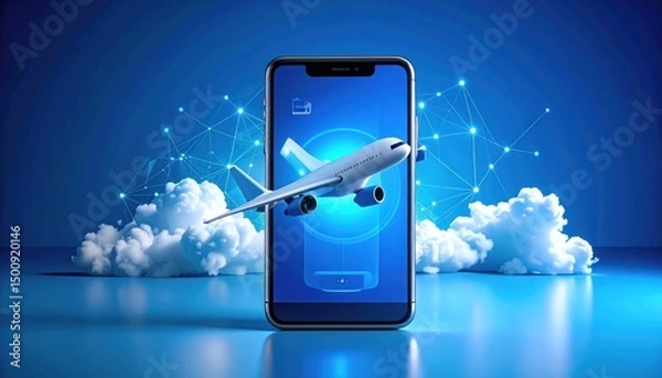 Obraz Airplane levitates from smartphone screen against clouds and blue network