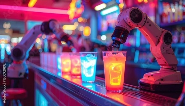 Obraz Robotic arms prepare colorful cocktails on a futuristic bar counter