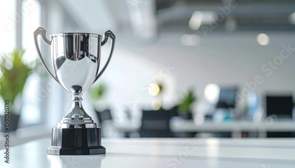 Obraz Shiny silver trophy on a table, office background is blurred