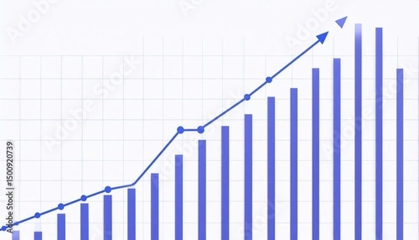 Obraz Rising chart shows growth bars increase as an arrow points upward, illustrating positive trend on grid background