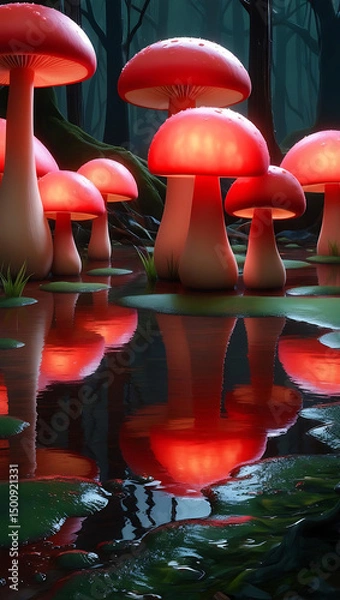 Fototapeta Enchanted glowing red mushrooms in a magical forest pond, perfect for fantasy themes, for creating whimsical digital art, with an ethereal style.