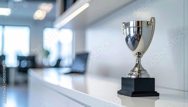 Obraz Shiny trophy on white shelf in blurred office; success