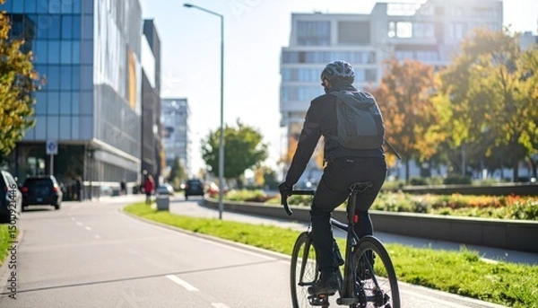 Obraz Cyclist riding down a sunny city street in fall, buildings lining the road