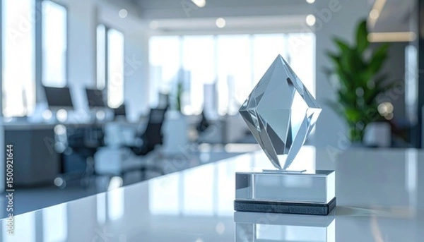 Obraz Crystal diamond award atop a desk in a bright, modern office. Blurred background with plants