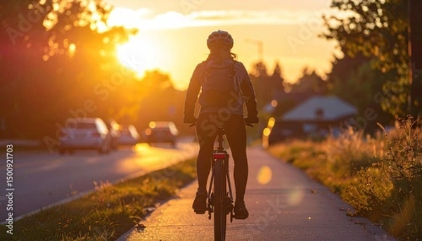 Obraz Biker rides into golden sunset on road, seen from behind