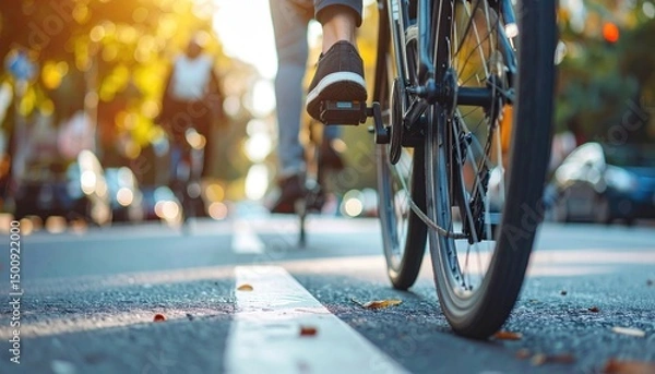 Obraz Cycling in city. Low angle, blurred background, sunlight through trees, focus on rear tire